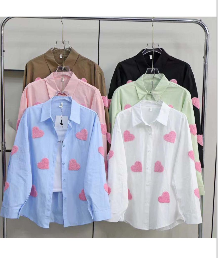 Women's Button Down Collared  Long Sleeve Shirts With 3D Heart Design